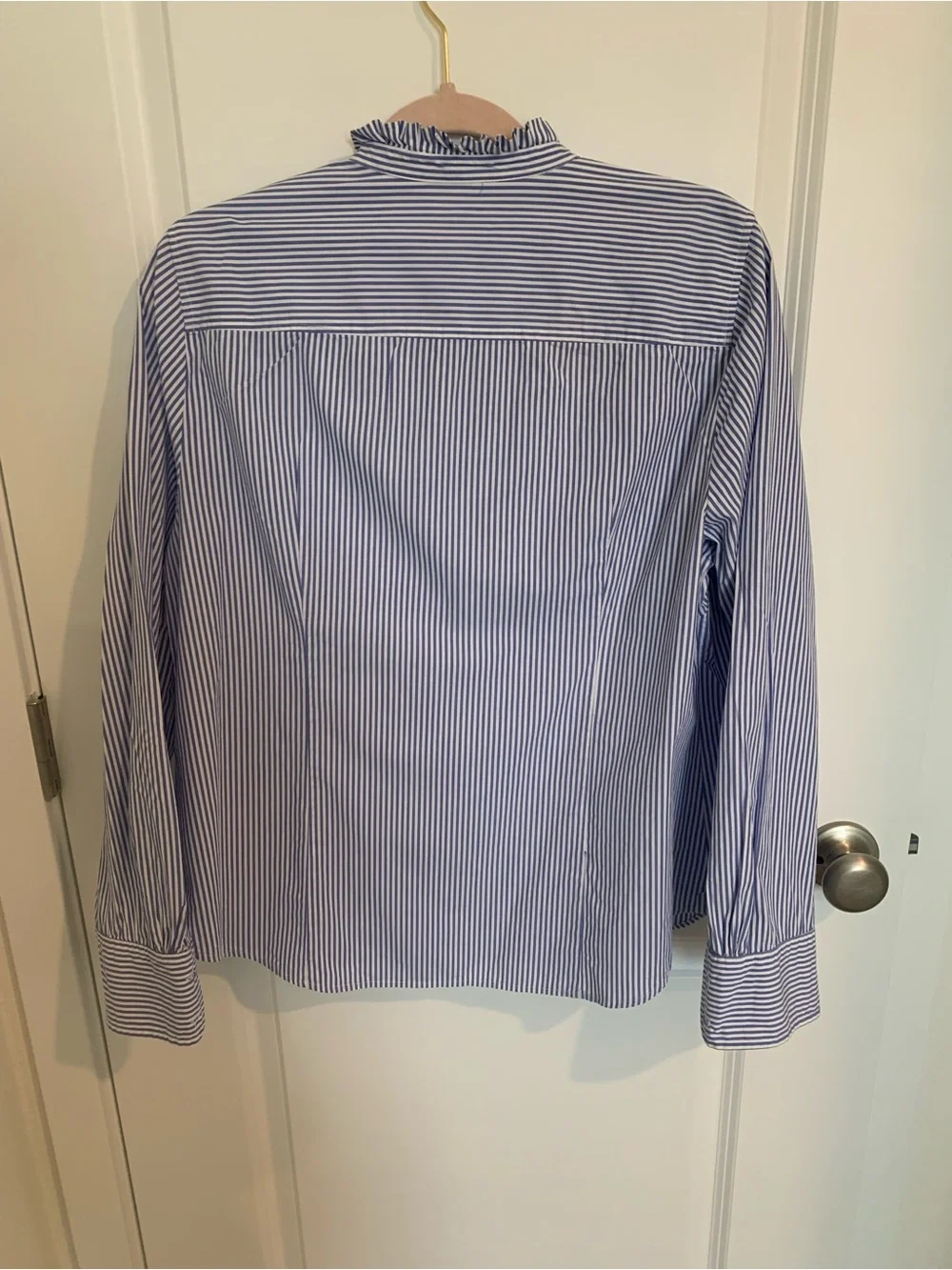 J. Crew Blue and White Stripe Ruffle-Trim Button-Down Shirt
